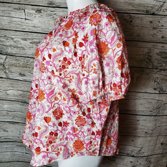 Knox Rose Top Women's XXL Floral Multicolor Print Tie Front Peasant Smocked NWT - Picture 3 of 10